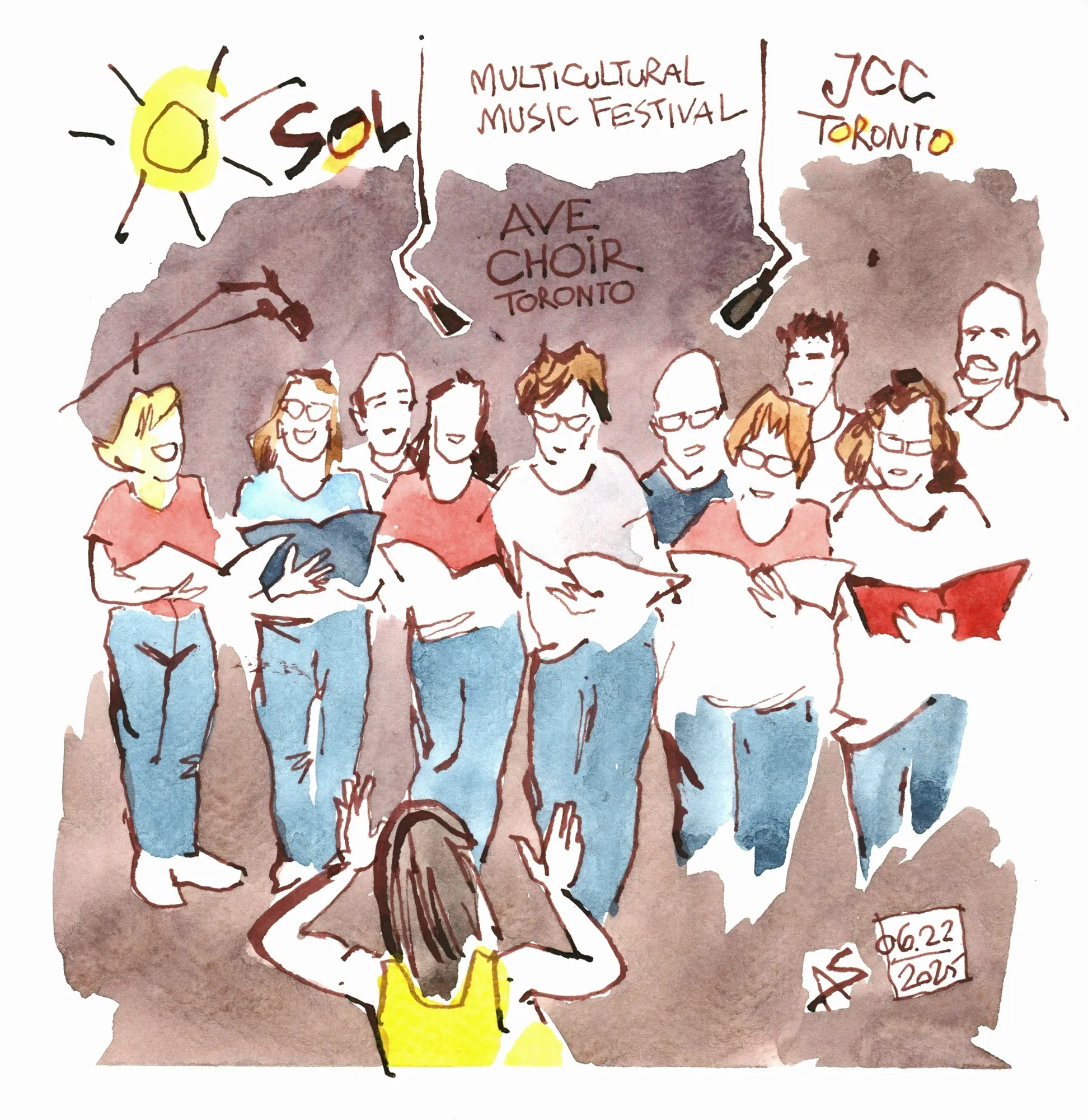 Watercolour sketch capturing the energy of the Sol Festival audience and performers