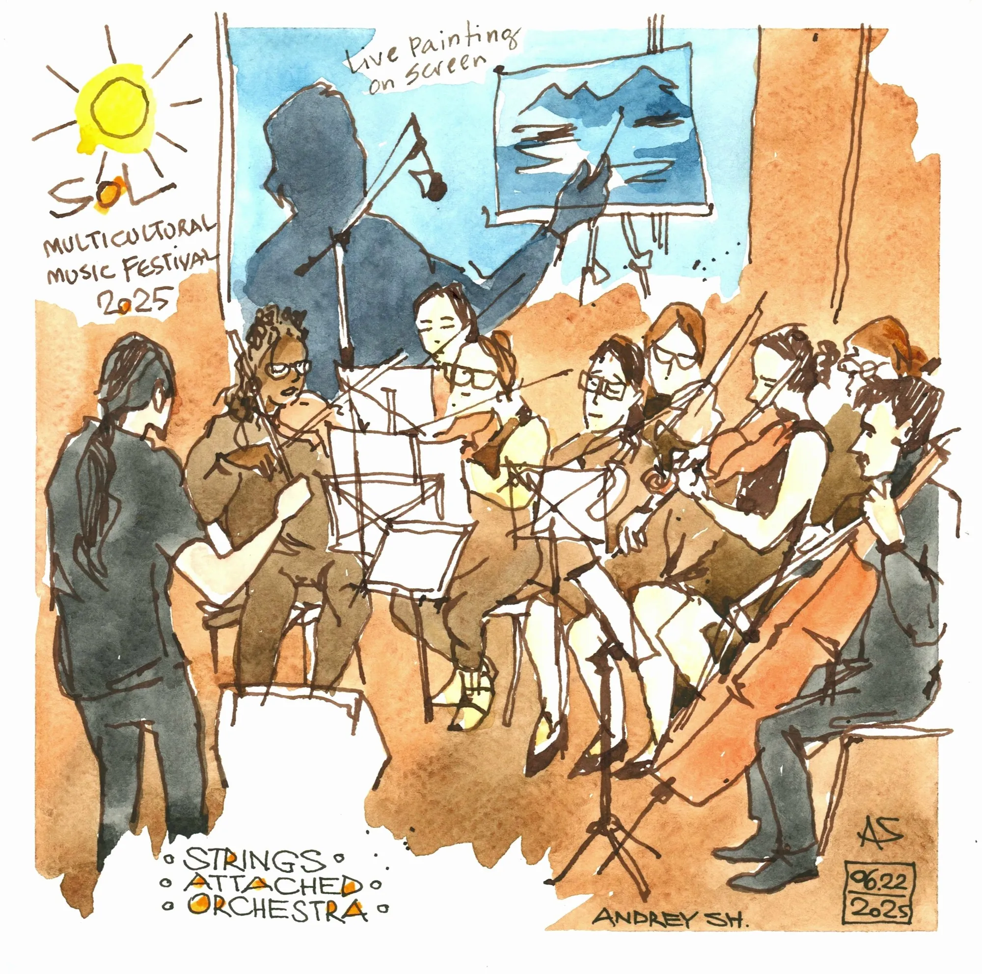Belarusian tsimbaly performance captured in confident watercolour strokes